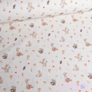 Bomuldsjersey - Kaniner og blomster Bomuldsjersey – Små kaniner