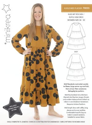 MiniKrea-70055-Ruffle-Hem-Dress-Sewing-Pattern Kjole m/flæser – Minikrea