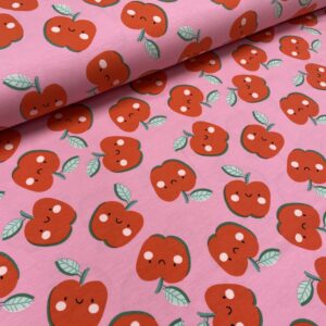 Bomuldsjersey – Æbler pink baggrund