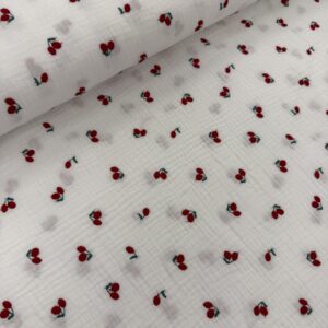 Musselin double gauze - Broderede kirsebær